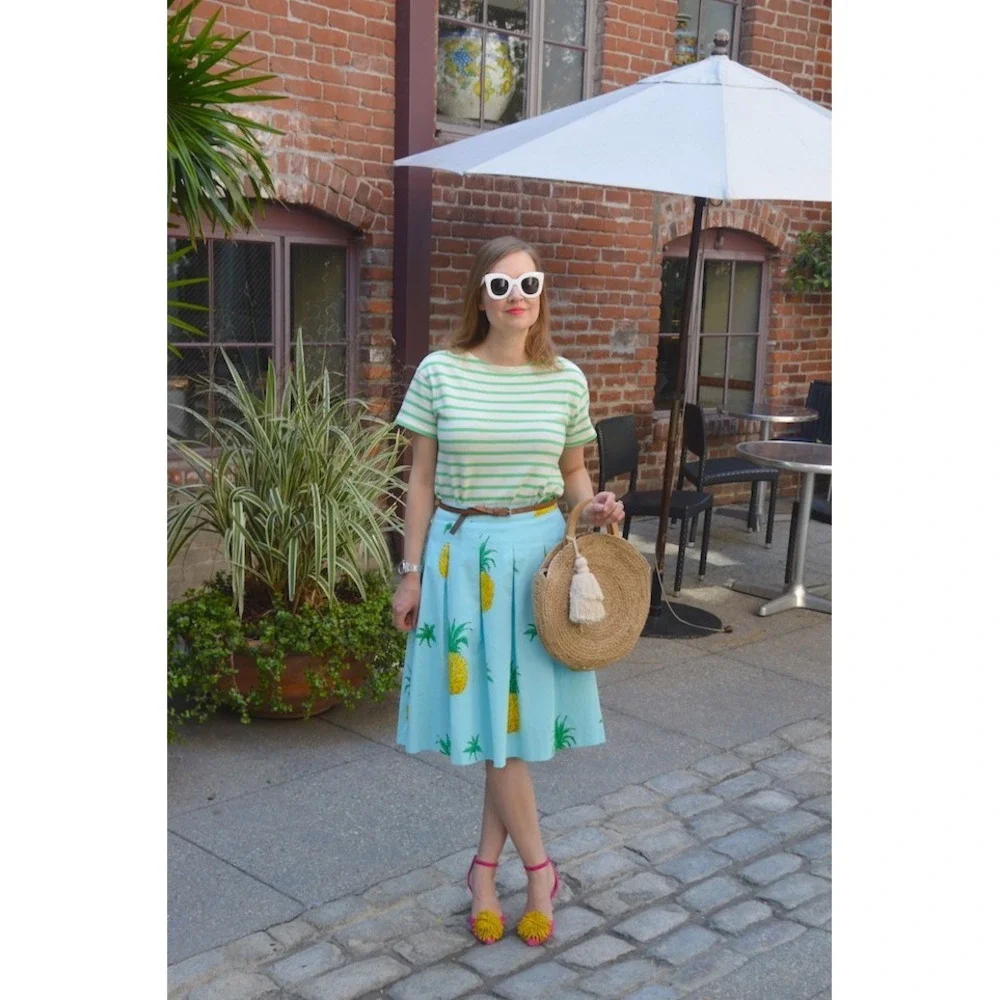 Talbots RSVP Pineapple Pleated Midi Skirt 6 Blue Tropical Cotton A-Line Preppy